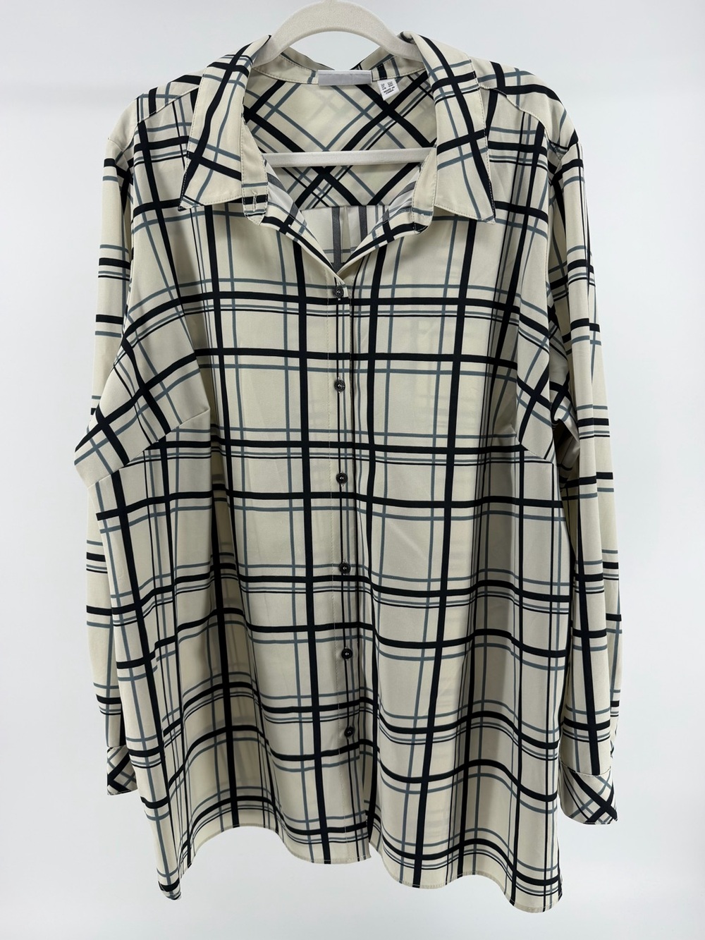 Susan Graver Plaid Button-Down Blouse Top, Cream/Black/Blue, Women's 2X